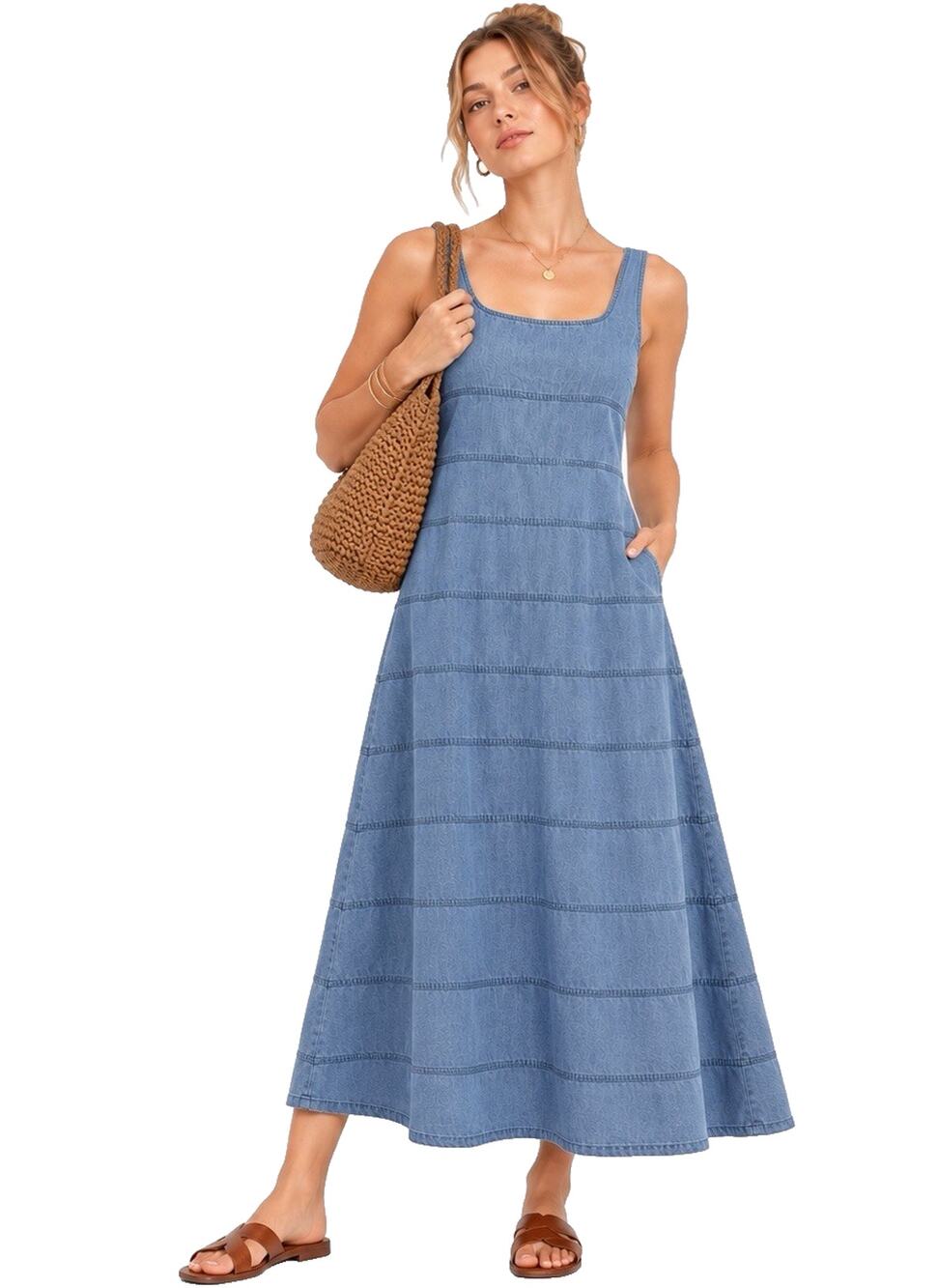 LOFT Chambray Seamed Denim Midi Dress Sz 10 Blue Coastal Square Neck Cotton Maxi